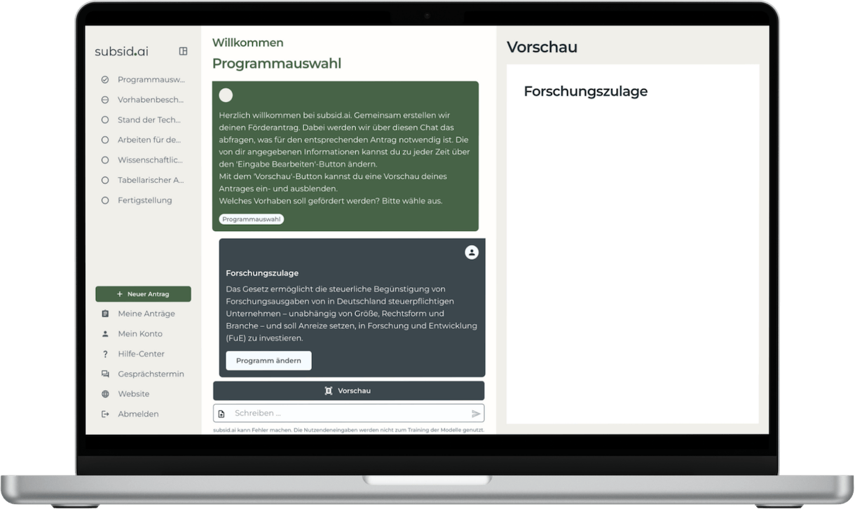 Bildschirmfoto einer Chatkonversation mit dem subsid.ai Assistenten.